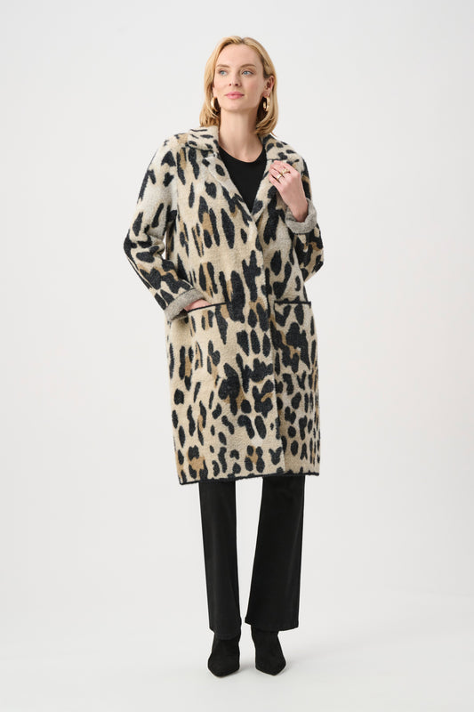 Joseph Ribkoff Camel Feather Yarn Leopard Print Coat 