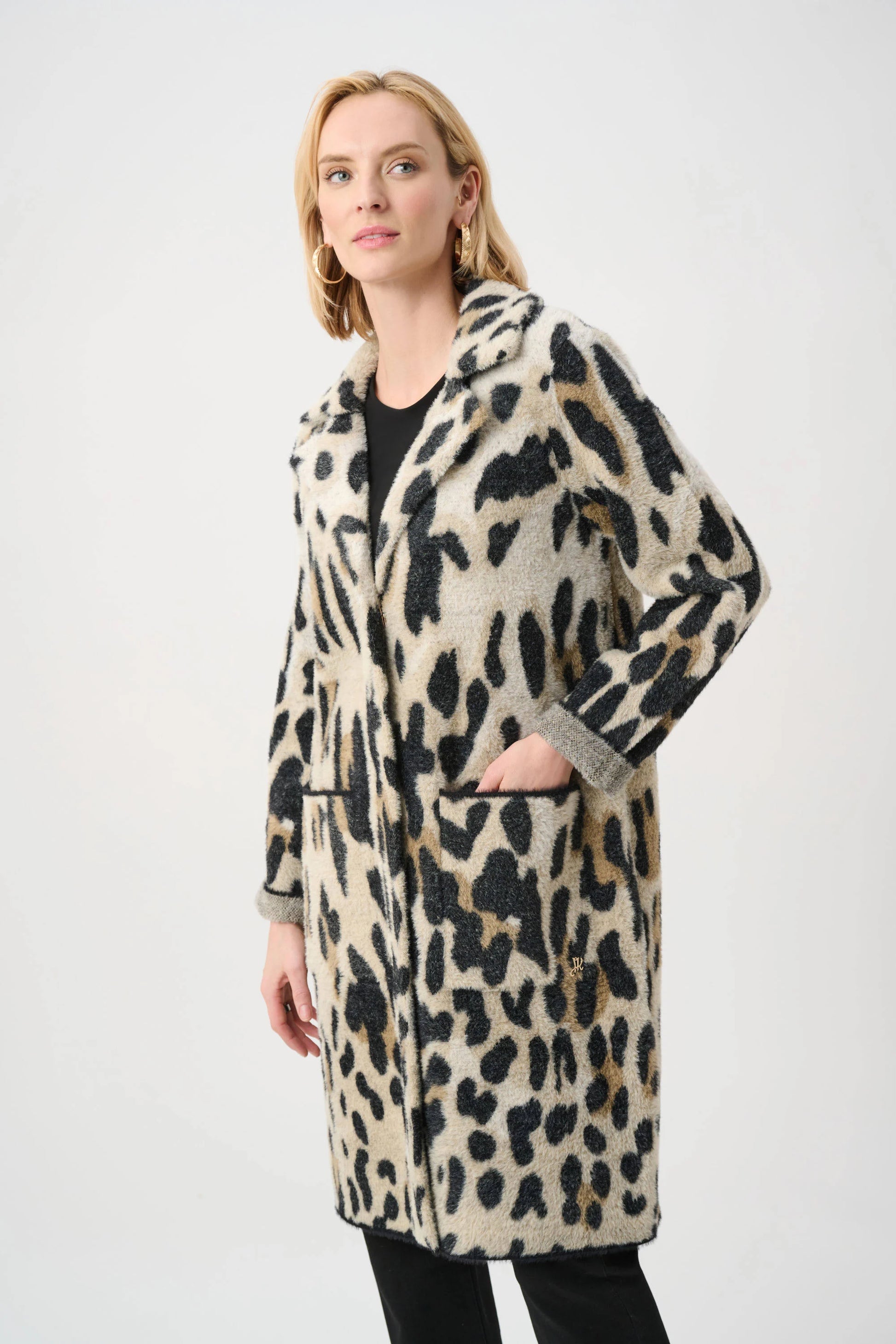 Joseph Ribkoff Camel Feather Yarn Leopard Print Coat 
