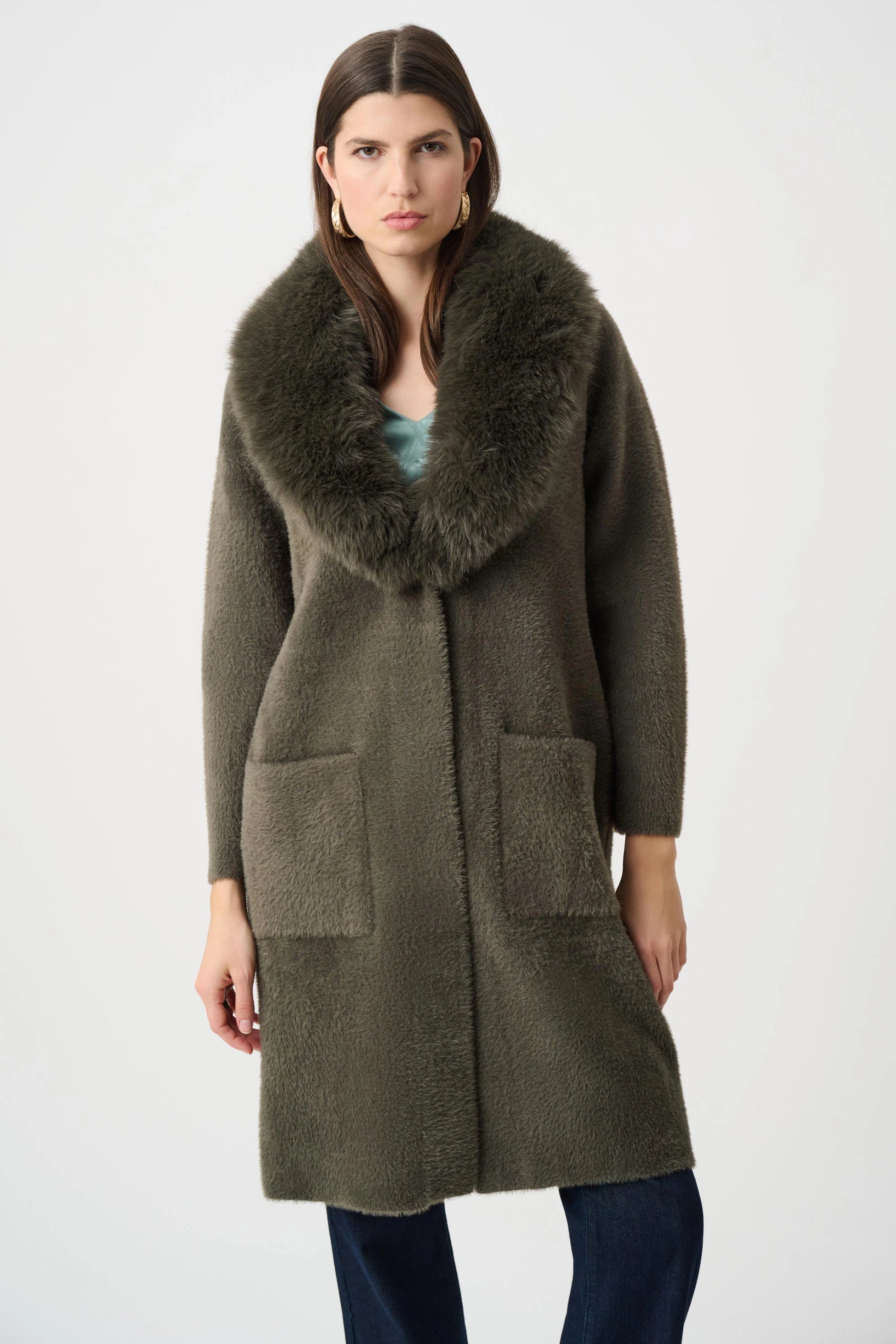 Joseph Ribkoff Avocado Feather Yarn Knit Coat With Detachable Faux Fur Collar