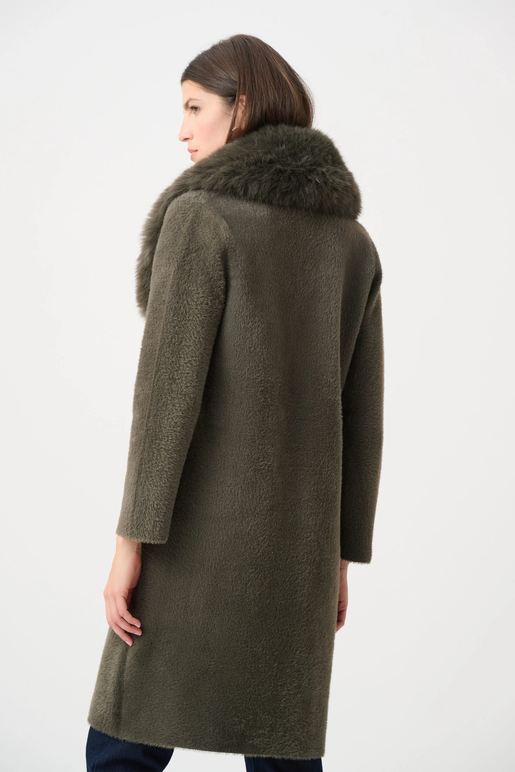 Joseph Ribkoff Avocado Feather Yarn Knit Coat With Detachable Faux Fur Collar