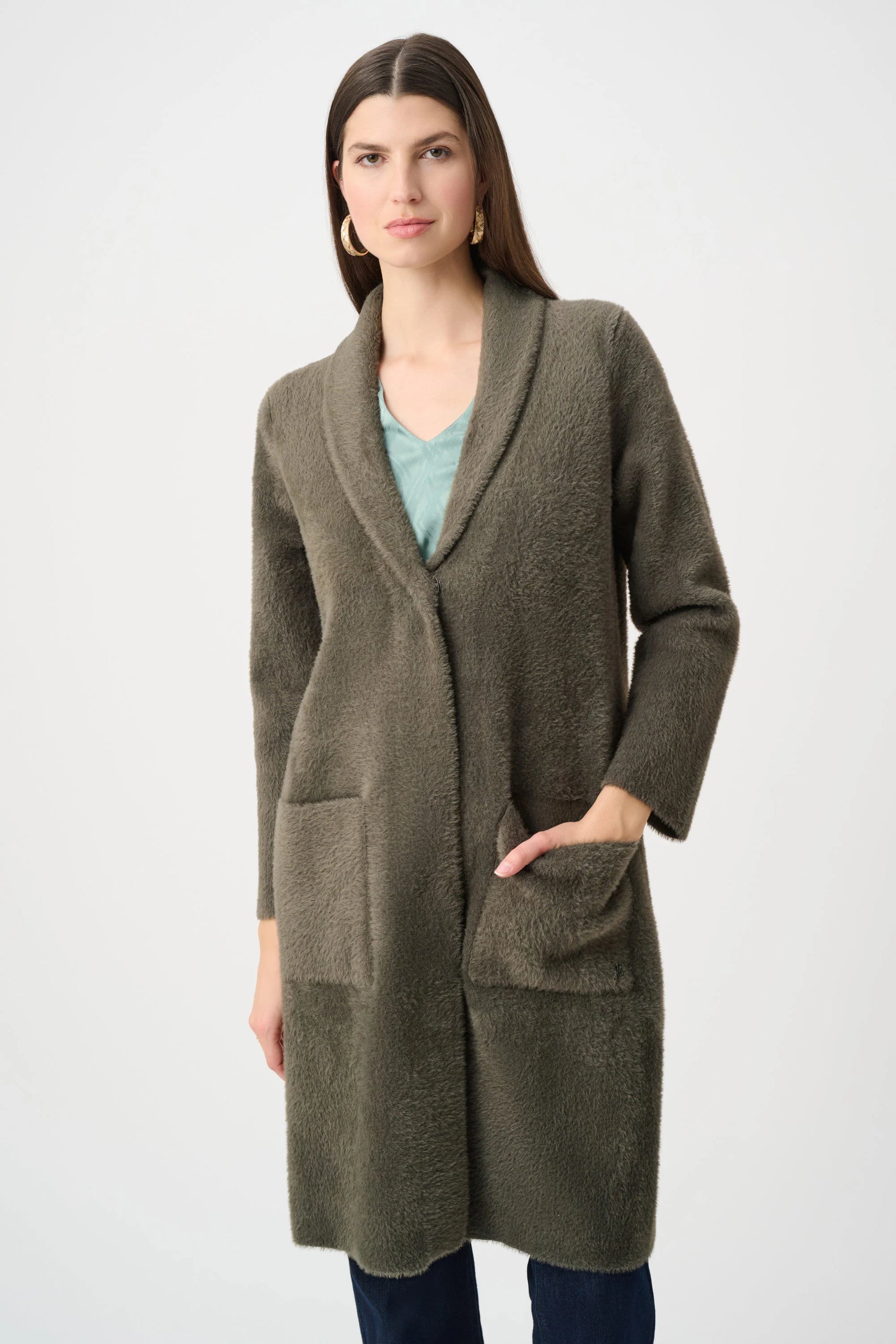 Joseph Ribkoff Avocado Feather Yarn Knit Coat With Detachable Faux Fur Collar