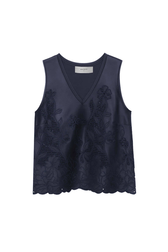 Beatrice b Dark Blue Satin Top with Floral Embroidery