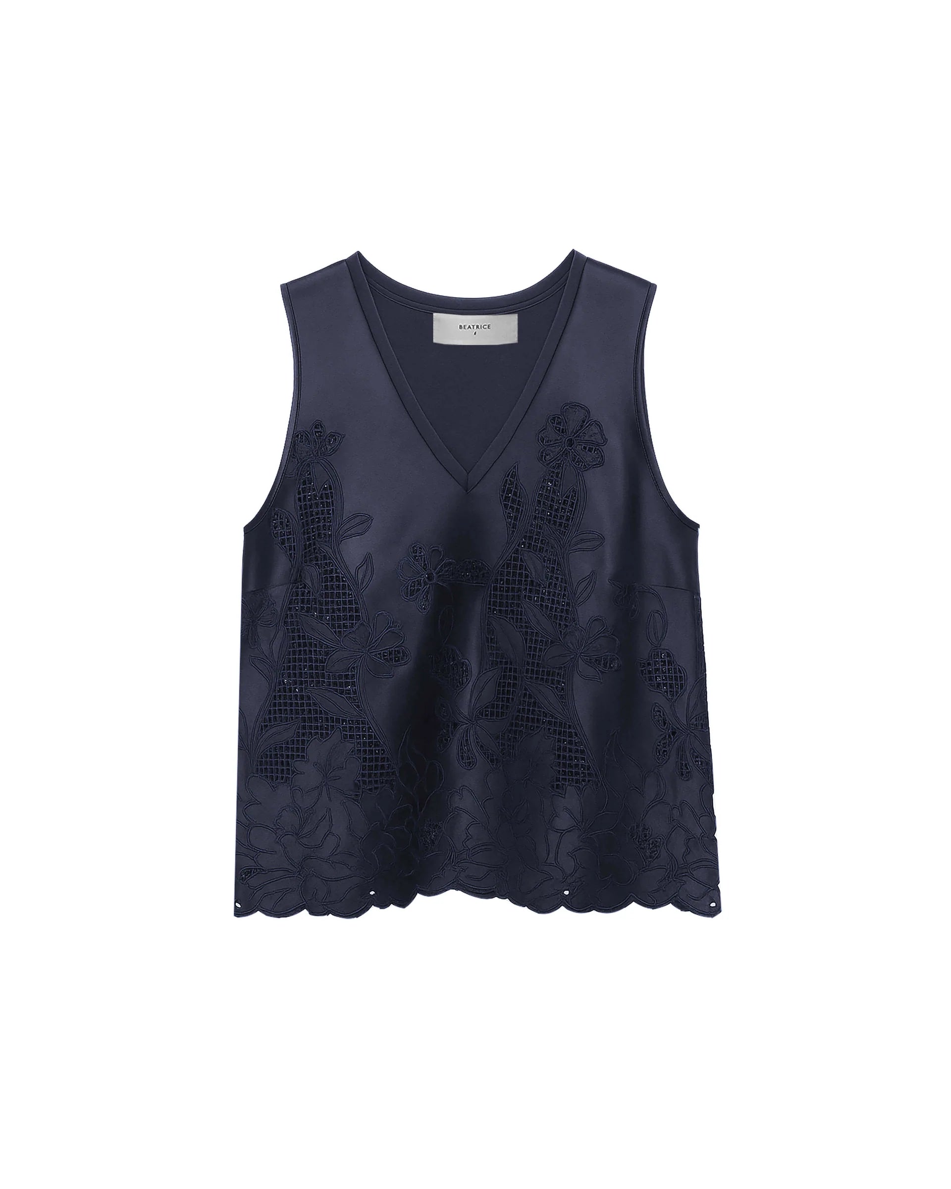 Beatrice b Dark Blue Satin Top with Floral Embroidery