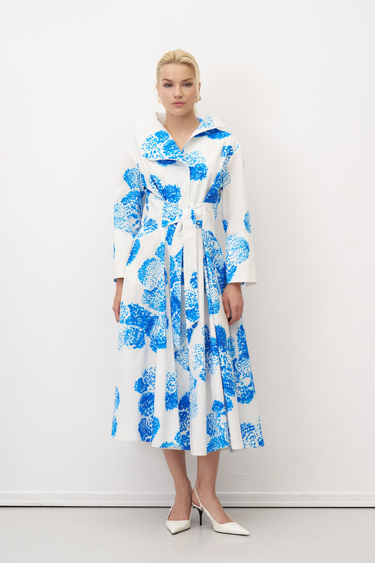 Bize Blue/Cream Print Cotton Midi Shirt Dress with Rounded Collar and Front Tie Belt
