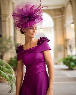 Couture Club Aubergine Off-Shoulder Dress with Floral Appliqué Detailing
