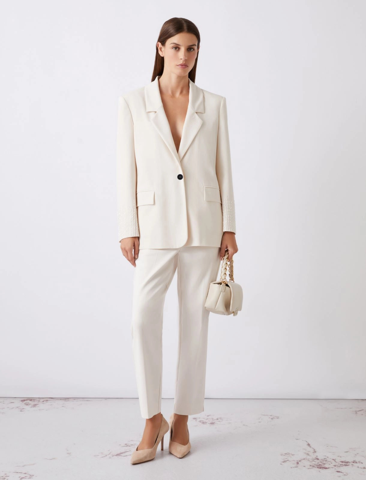 Marella White Straight-Fit Stretch Canvas Blazer