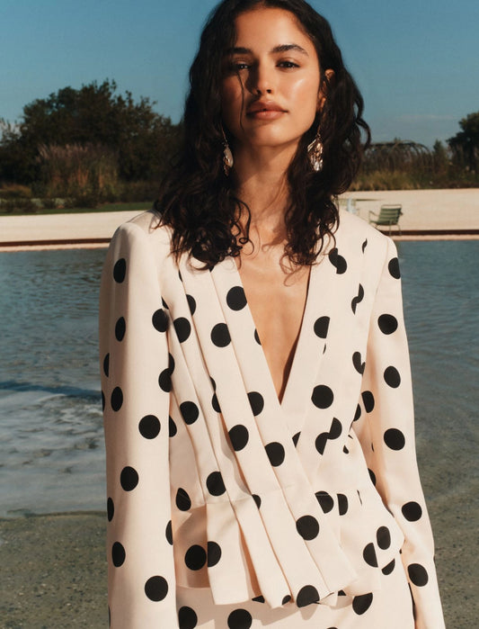 Marella Powder with Black Spot Print Slim-fit Pleated Jacket