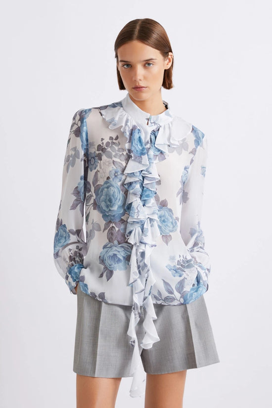 Marella Blue Floral Print Ruched Georgette Shirt