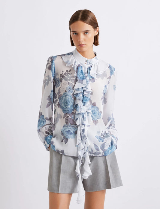 Marella Blue Floral Print Ruched Georgette Shirt