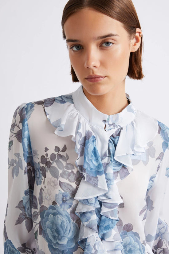 Marella Blue Floral Print Ruched Georgette Shirt