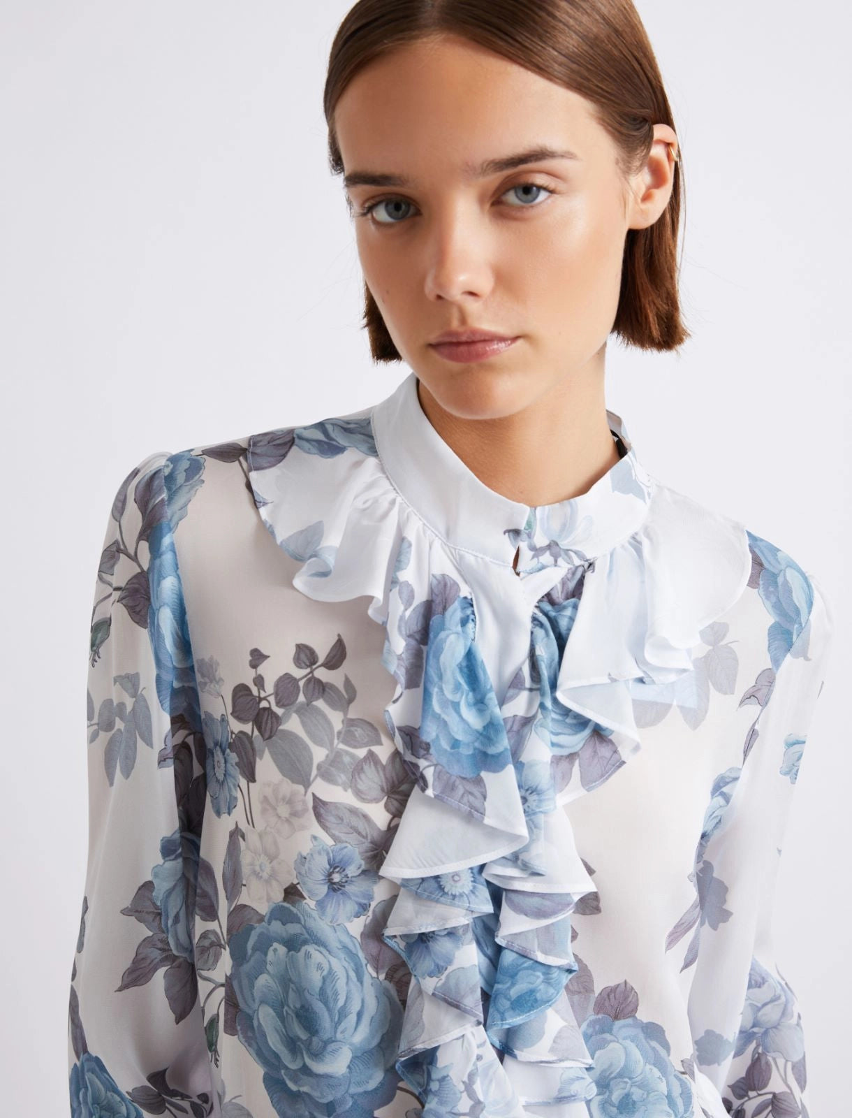 Marella Blue Floral Print Ruched Georgette Shirt