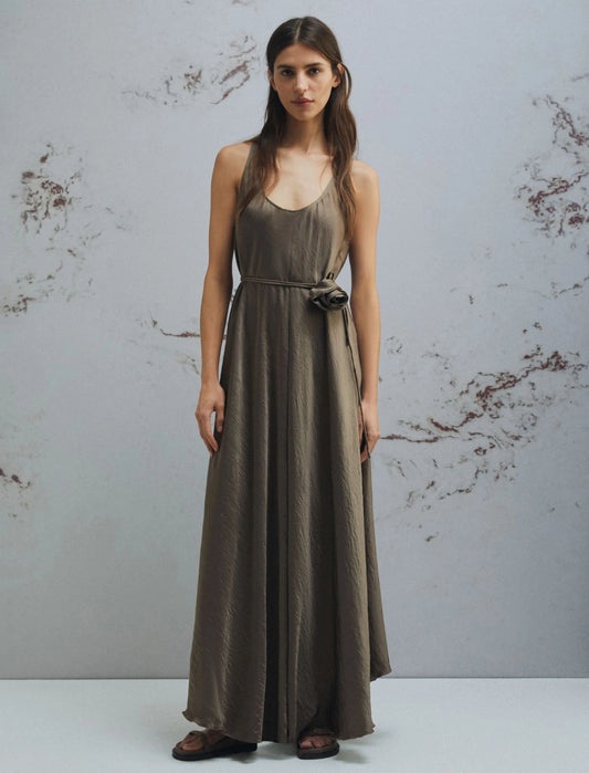 Marella Brown Loose Fit Crinkle Twill Maxi Dress