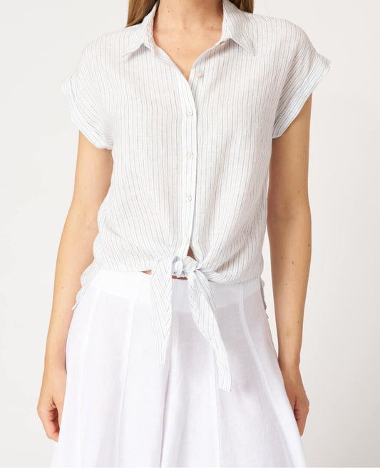 120 Lino Pure Linen Fine Stripe Short Sleeve Shirt with Front Tie