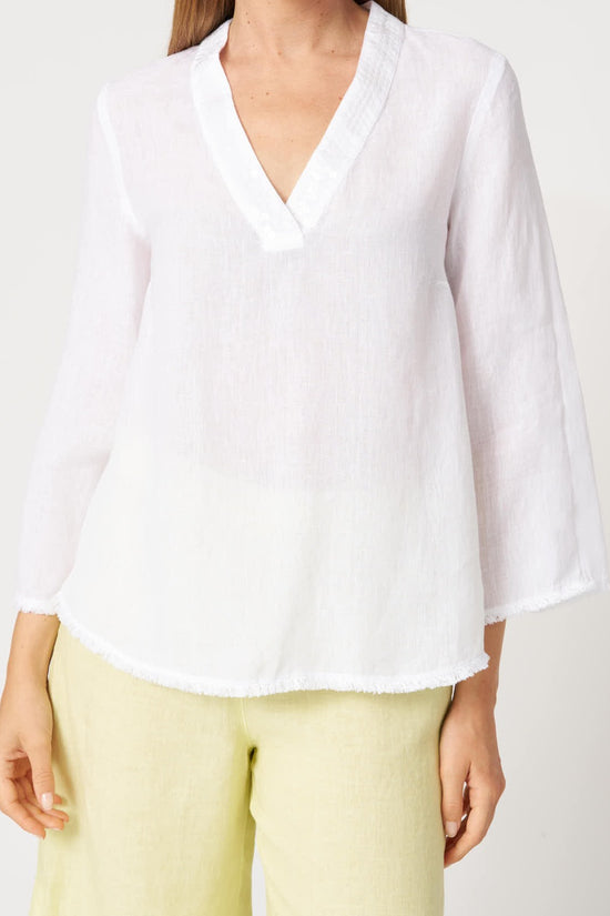 120 Lino White Linen Deep V Neck 3/4 sleeve Top with Sequin Detailing