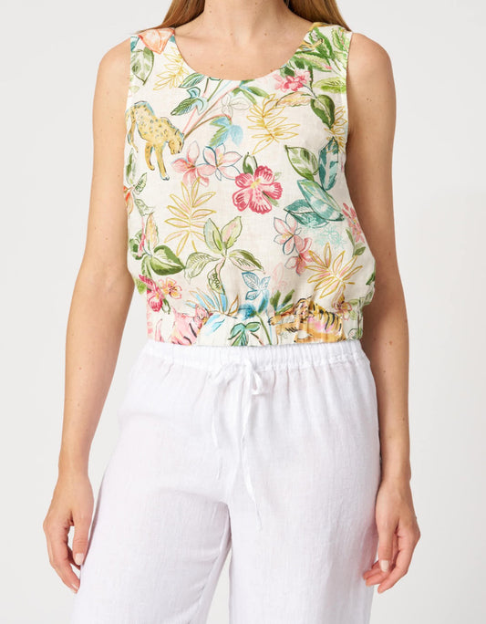 120 Lino Print Linen Sleeveless Top with Elasticated Hem