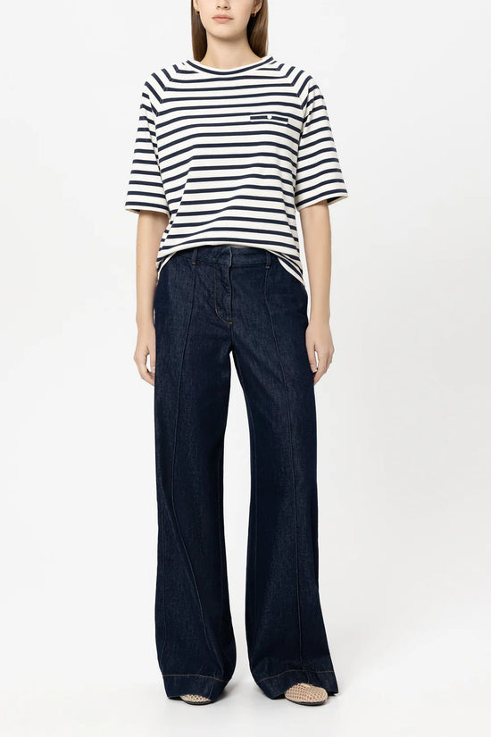 Luisa Cerano Navy Striped T-Shirt with Button Detail