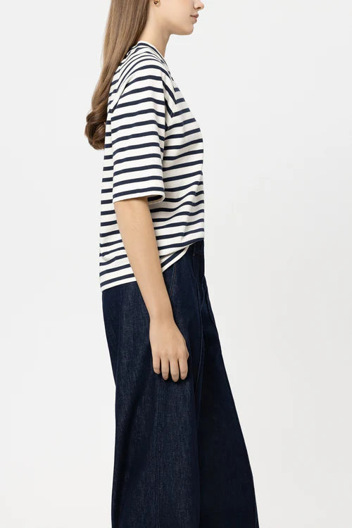 Luisa Cerano Navy Striped T-Shirt with Button Detail