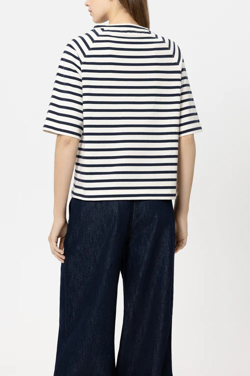 Luisa Cerano Navy Striped T-Shirt with Button Detail