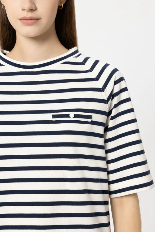 Luisa Cerano Navy Striped T-Shirt with Button Detail