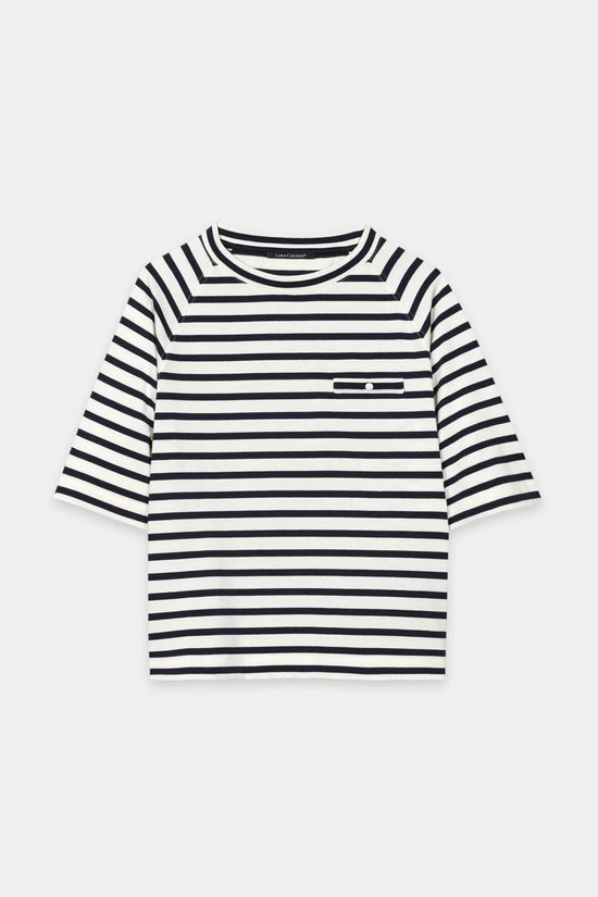 Luisa Cerano Navy Striped T-Shirt with Button Detail