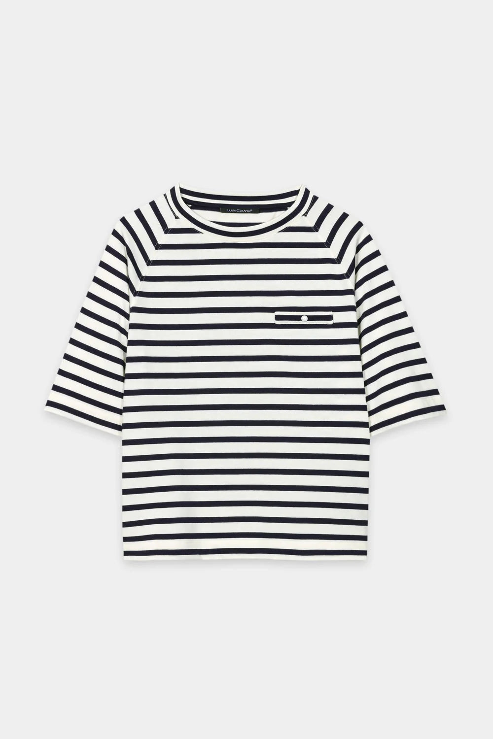 Luisa Cerano Navy Striped T-Shirt with Button Detail