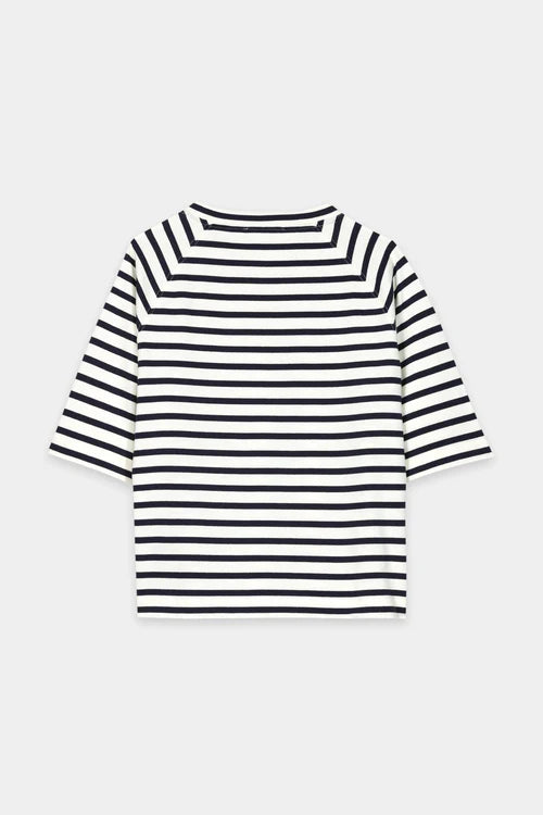 Luisa Cerano Navy Striped T-Shirt with Button Detail