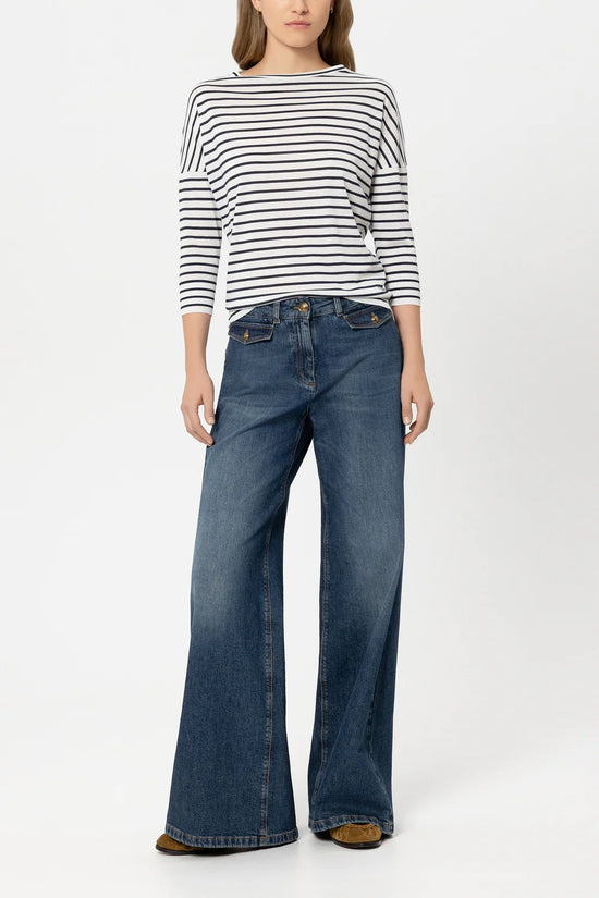 Luisa Cerano Navy Striped Round Neck 3/4 Sleeve T-Shirt
