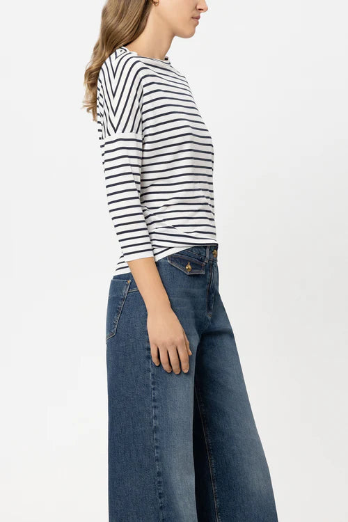 Luisa Cerano Navy Striped Round Neck 3/4 Sleeve T-Shirt