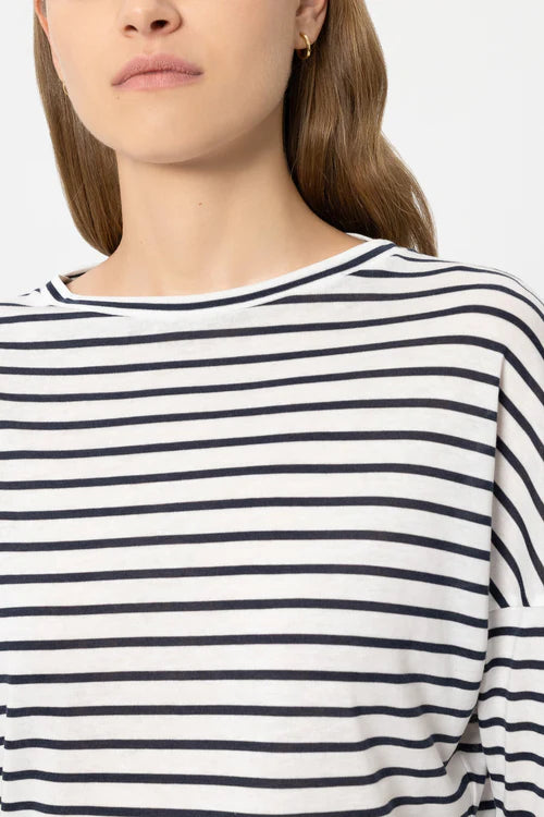 Luisa Cerano Navy Striped Round Neck 3/4 Sleeve T-Shirt