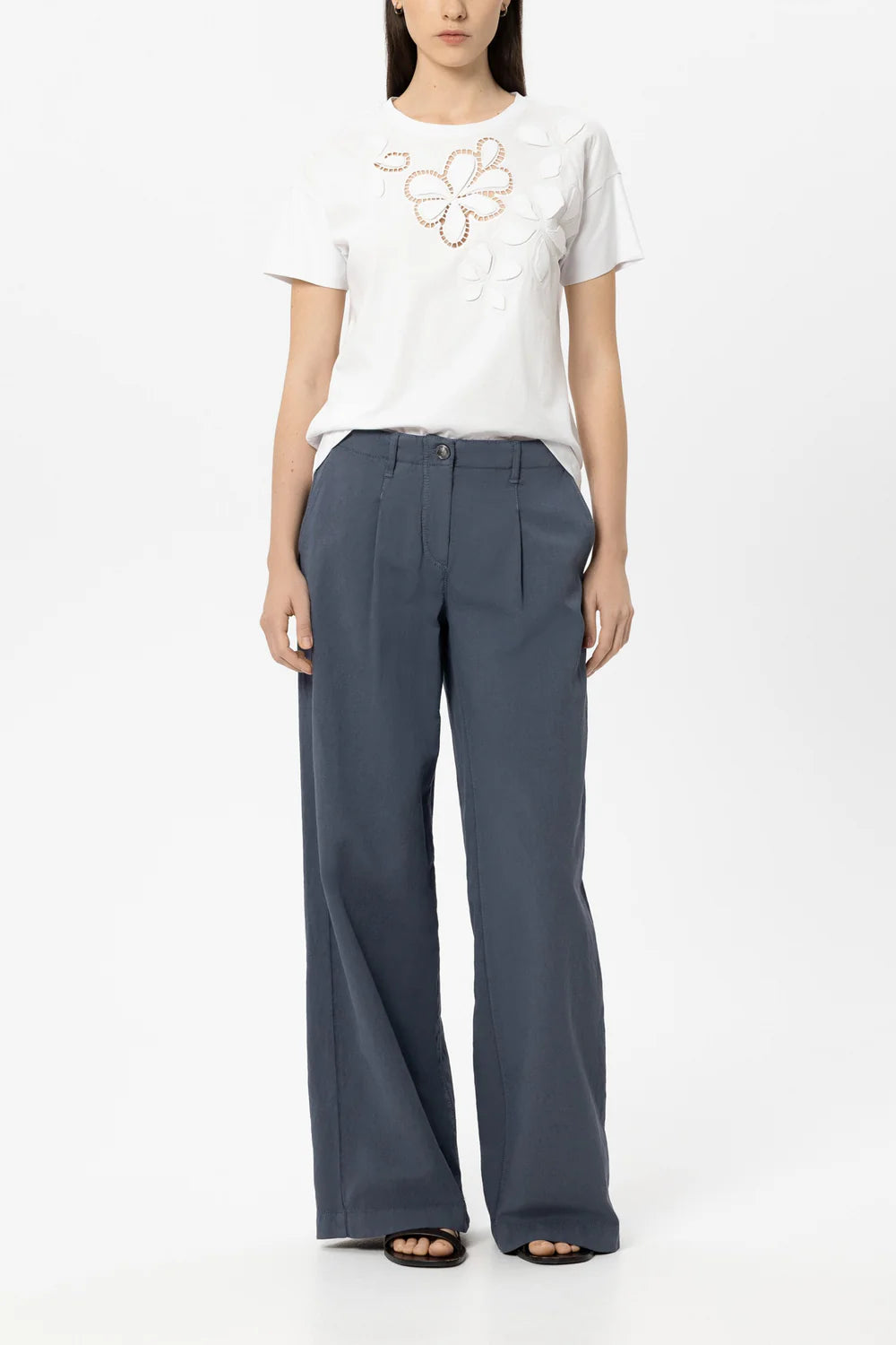Luisa Cerano White T-Shirt with Floral Eyelet Embroidery
