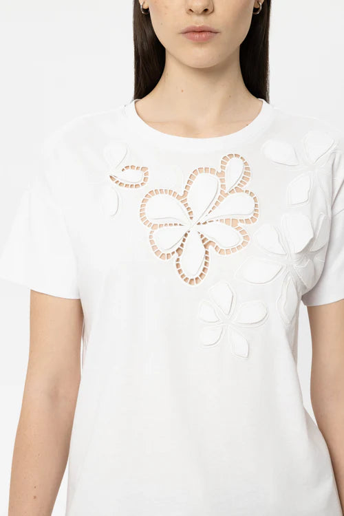 Luisa Cerano White T-Shirt with Floral Eyelet Embroidery