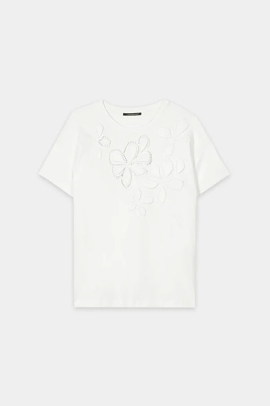 Luisa Cerano White T-Shirt with Floral Eyelet Embroidery