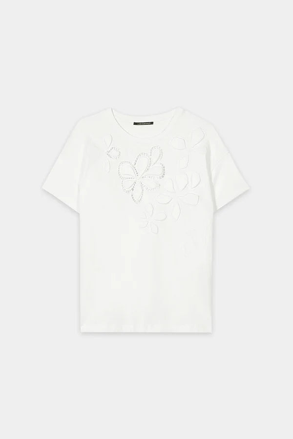 Luisa Cerano White T-Shirt with Floral Eyelet Embroidery