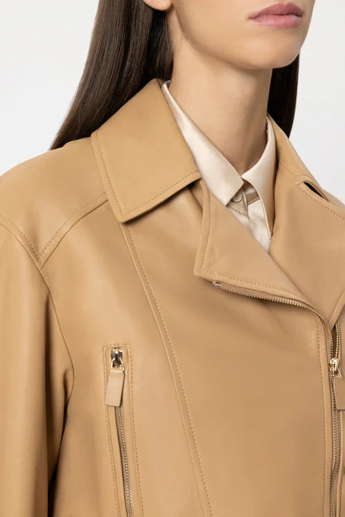 Luisa Cerano Golden Camel Lamb Nappa Leather Jacket