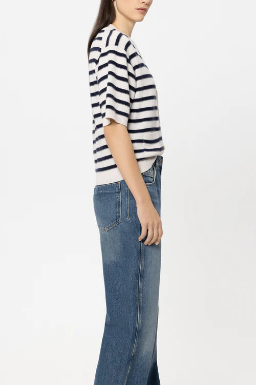 Luisa Cerano Navy Blue Striped Short Sleeve Cashmere Blend Cardigan