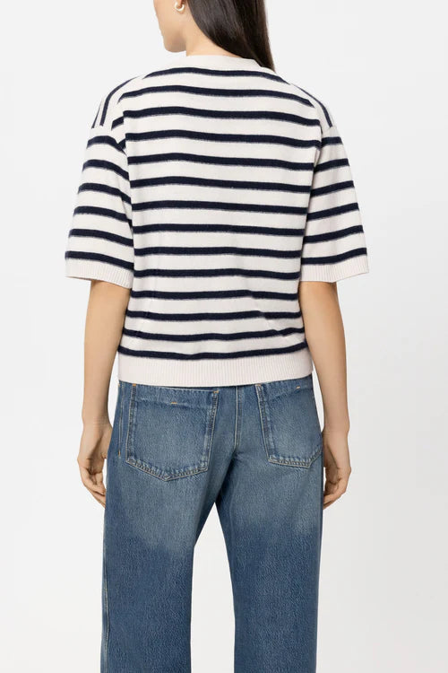Luisa Cerano Navy Blue Striped Short Sleeve Cashmere Blend Cardigan