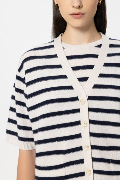 Luisa Cerano Navy Blue Striped Short Sleeve Cashmere Blend Cardigan