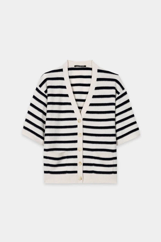 Luisa Cerano Navy Blue Striped Short Sleeve Cashmere Blend Cardigan