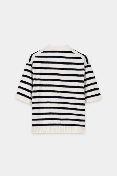 Luisa Cerano Navy Blue Striped Short Sleeve Cashmere Blend Cardigan