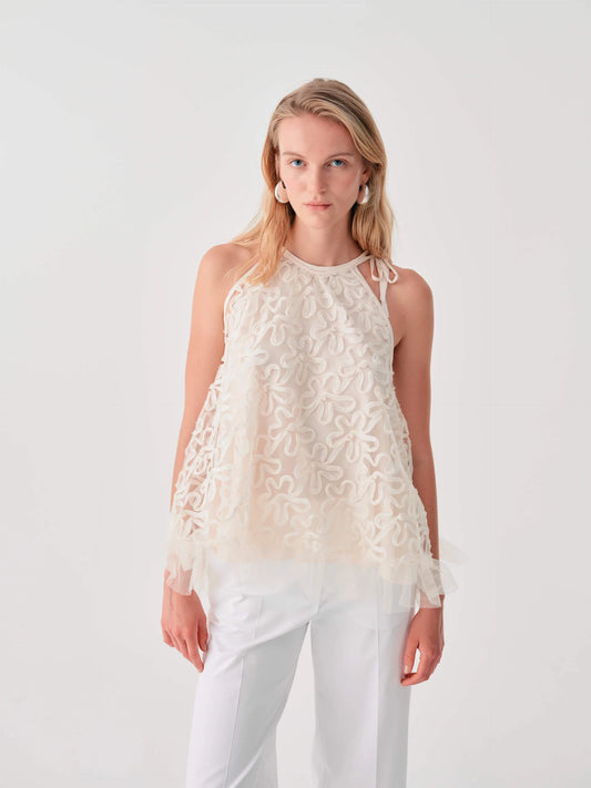 Beatrice b Vanilla Embroidered Tulle Sleeveless Top
