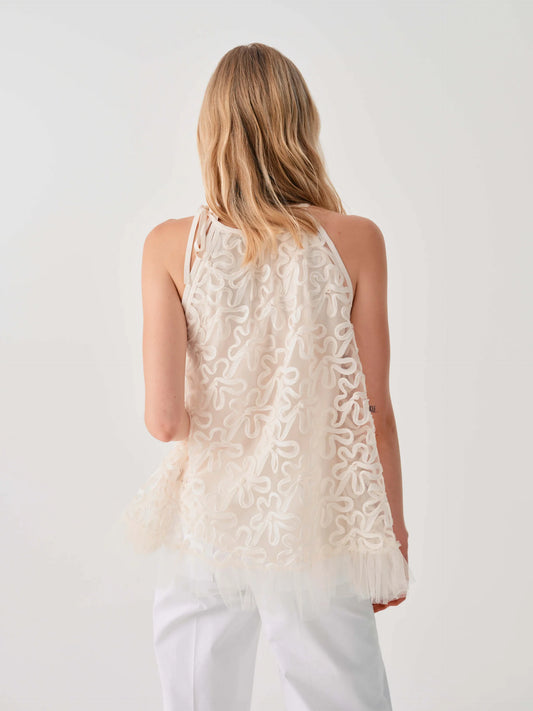 Beatrice b Vanilla Embroidered Tulle Sleeveless Top