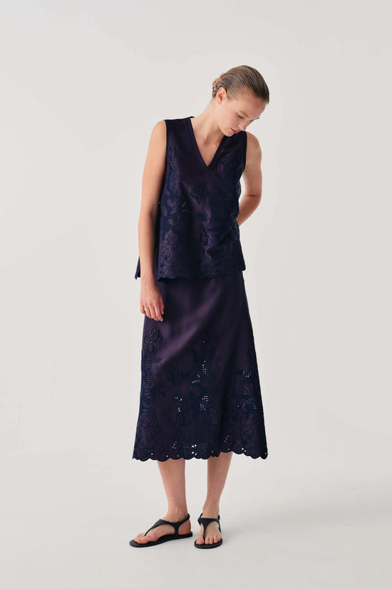 Beatrice b Dark Blue Satin Top with Floral Embroidery