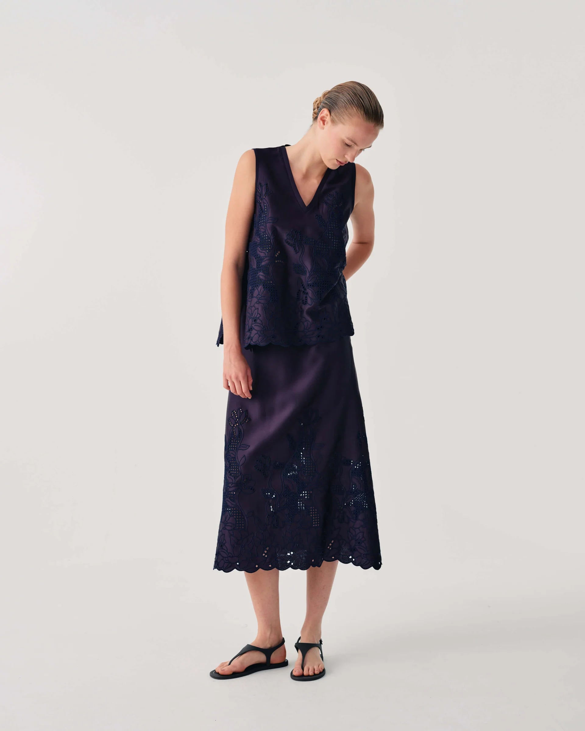 Beatrice b Dark Blue Satin Top with Floral Embroidery