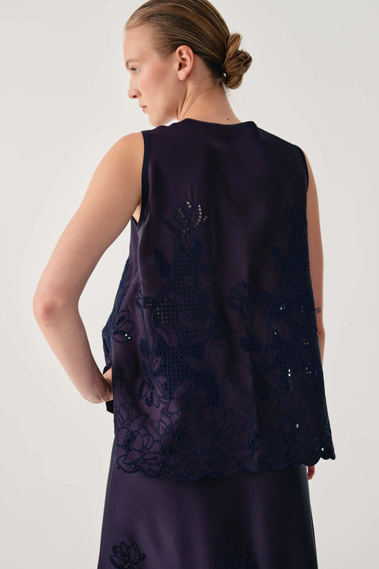 Beatrice b Dark Blue Satin Top with Floral Embroidery