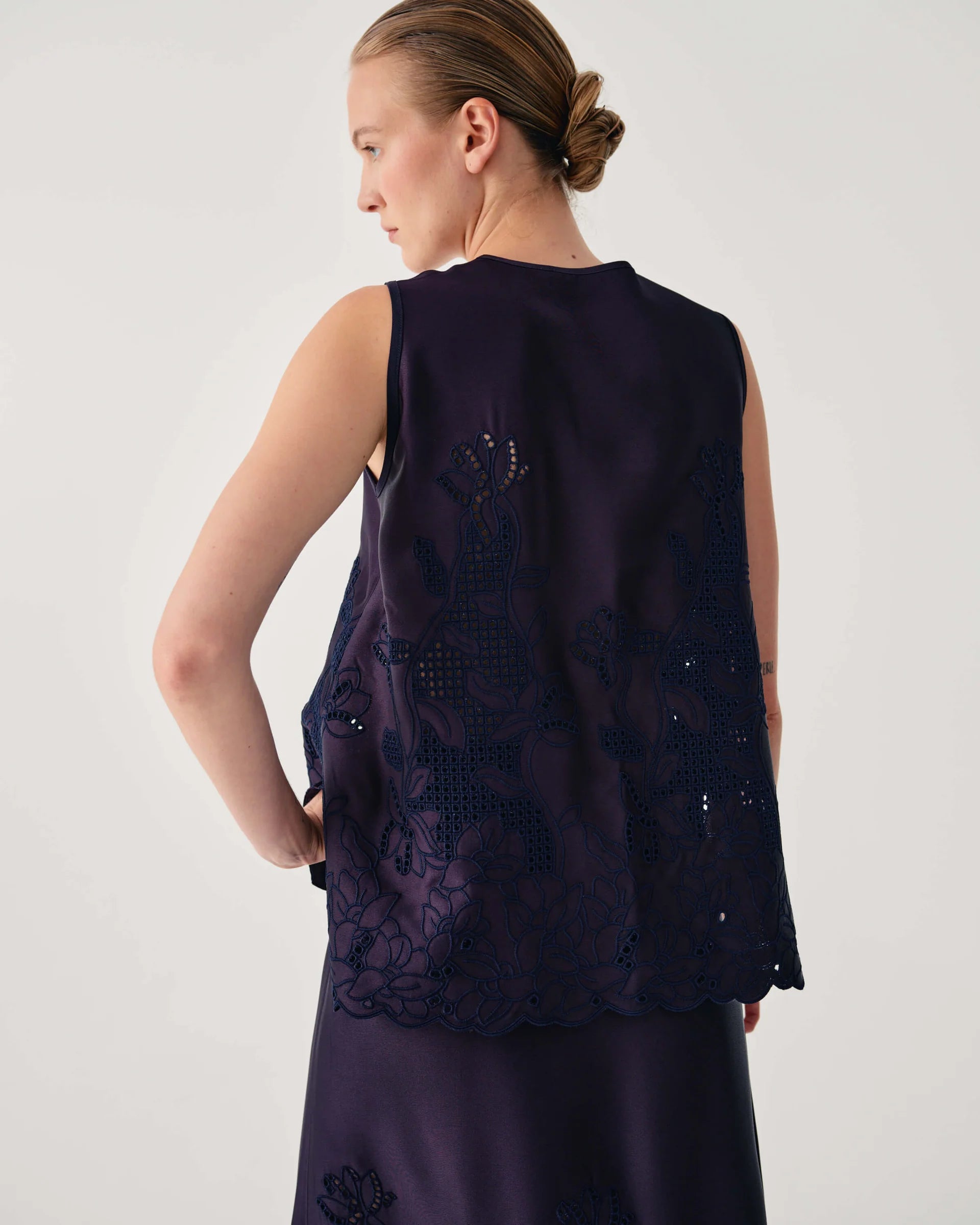Beatrice b Dark Blue Satin Top with Floral Embroidery