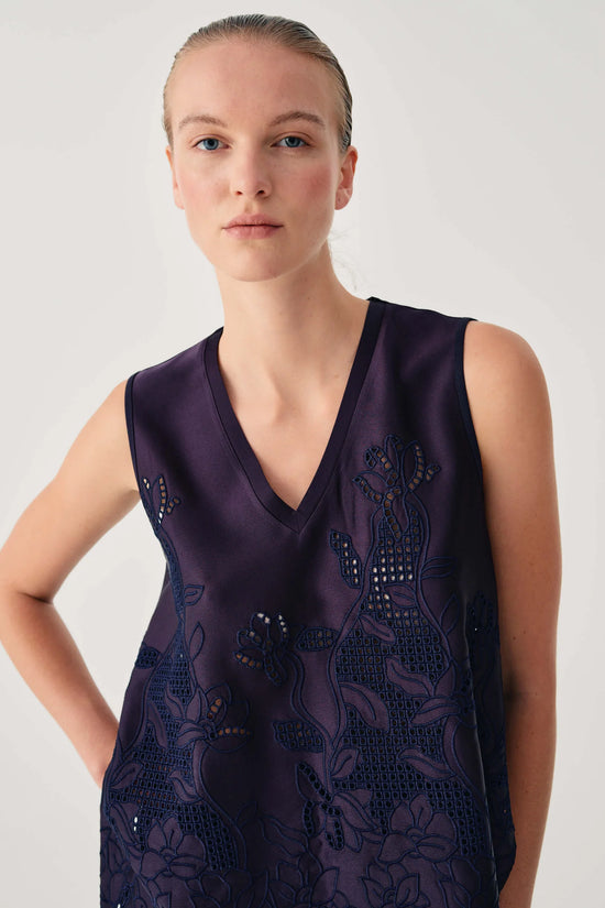 Beatrice b Dark Blue Satin Top with Floral Embroidery