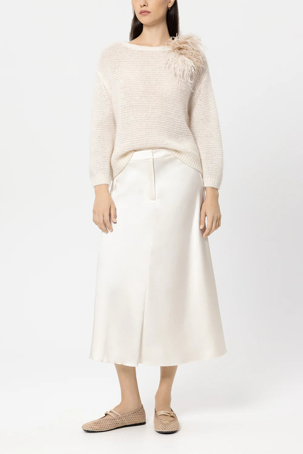Luisa Cerano Cream Midi Satin Skirt