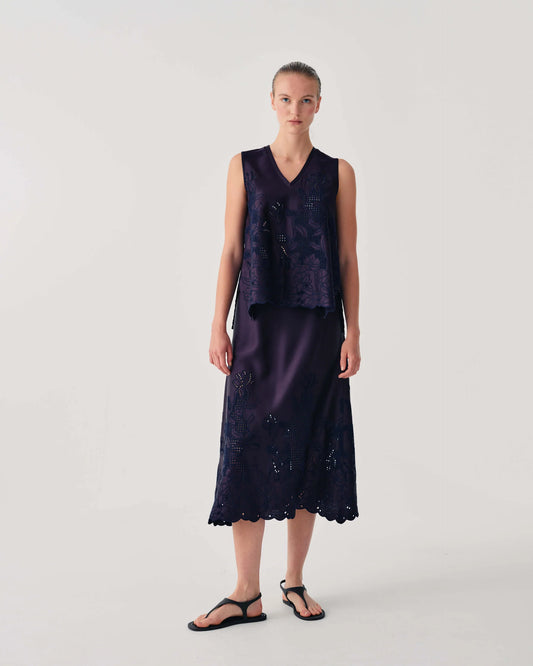 Beatrice b Dark Blue Midi Skirt with Cut-Out Embroidery