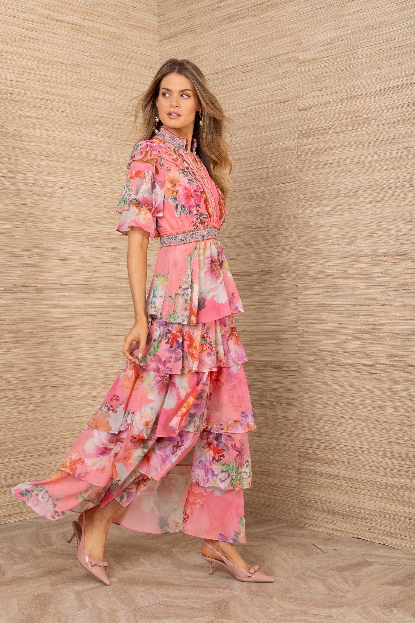 Hale Bob Coral Print Maxi Dress with Smocked Neck, Flutter Sleeves & Tiered Skirt