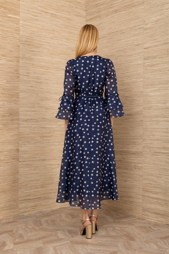 Hale Bob Navy with Beige Spot Silk Linen Blend Maxi Dress